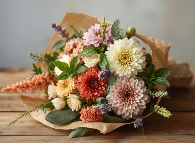 wrapped bouquet of colorful dahlias